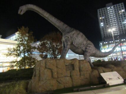夜の福井駅西口、恐竜広場。