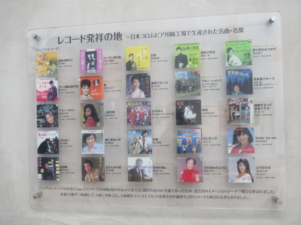 レコード発祥の地のパネル展示など@大師線港町駅。