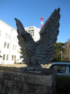 豊橋市公会堂の脇に置かれている、二羽の鷲でございます。