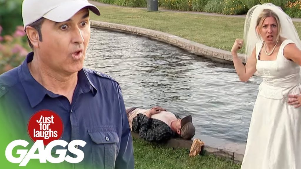 Crazy Bride Pushes Homeless Man Into Water Prank