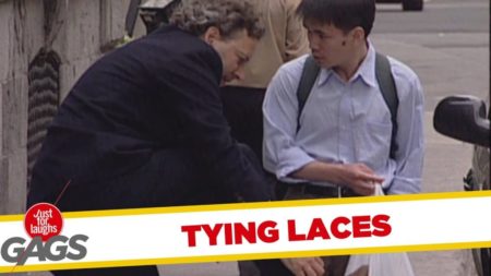 Tying laces hidden camera prank